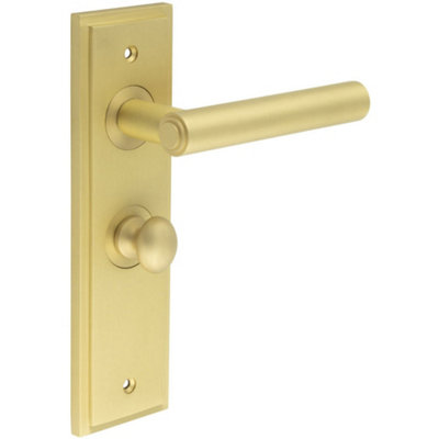 Satin Brass Bathroom Door Handle with Backplate and Turn & Release Mechanism - Solid Brass Interior Lever