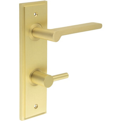Satin Brass Bathroom Door Handle with Backplate and Turn Release Mechanism - Solid Brass Internal Handle