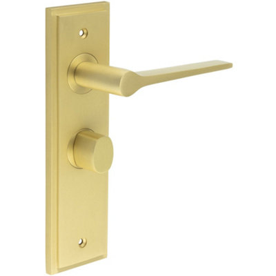 Satin Brass Bathroom Door Handle with Backplate and Turn Release Mechanism - Solid Brass WC Interior Handle