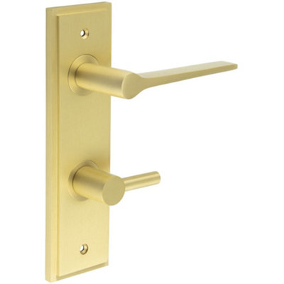 Satin Brass Bathroom Door Handle with Backplate and Turn & Release - Solid Brass Interior Handle