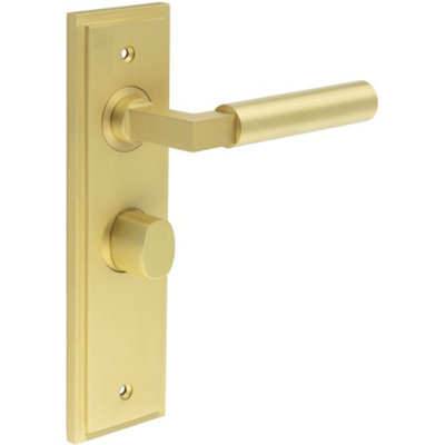 Satin Brass Bathroom Door Handle with Backplate and Turn Release - Solid Brass Interior Lever Handle