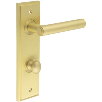 Satin Brass Bathroom Door Handle with Backplate and Turn Release - Solid Brass Interior Lever