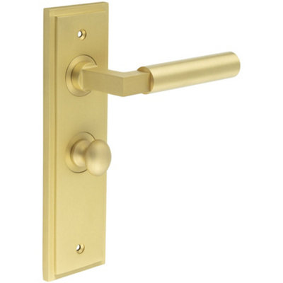 Satin Brass Bathroom Door Handle with Backplate and Turn Release - Solid Brass Interior Toilet Handle