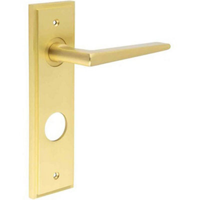 Satin Brass Bathroom Door Handle with Backplate Solid Brass - Interior Handle