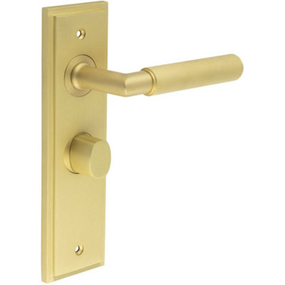 Satin Brass Bathroom Door Handle with Backplate Turn Release Solid Brass Interior Handle