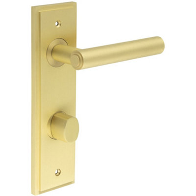 Satin Brass Bathroom Door Handle with Turn Release and Backplate - Solid Brass Interior Lever