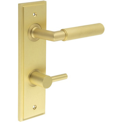 Satin Brass Bathroom Door Handle with Turn & Release Mechanism - Solid Brass Interior Handle