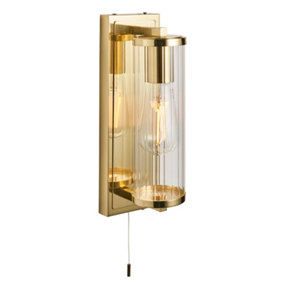 Satin Brass Bathroom Wall Light & Ribbed Cylinder Glass Shade IP44 Rated Fitting
