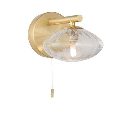 Satin Brass Bathroom Wall Light & Ribbed Glass Shade - IP44 Rated ...