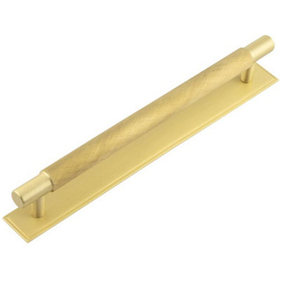 Satin Brass Cabinet Handle with Stepped Backplate - 224mm Centers - Kitchen Drawer Pull Handle