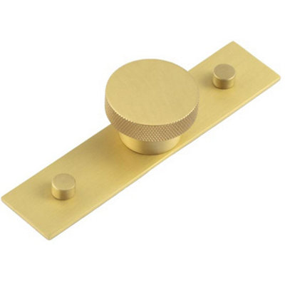 Satin Brass Cupboard Knob with 40mm Plain Backplate - Modern Solid Brass Design - Kitchen Cabinet Knob