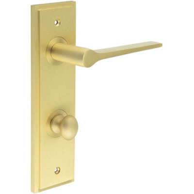Satin Brass Door Handle with Backplate and Turn & Release for Bathrooms - Solid Brass Interior Handle