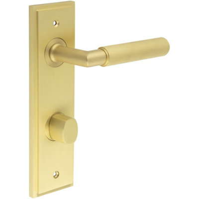 Satin Brass Door Handle with Backplate for Bathrooms - Elegant Turn and Release Mechanism - Solid Brass Interior Handle