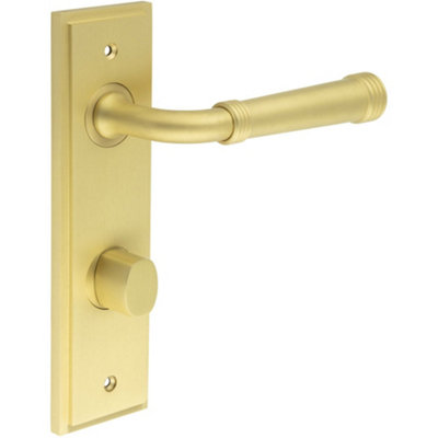 Satin Brass Door Handle with Backplate for Bathrooms - Elegant Turn & Release Design - Solid Brass Interior Handle