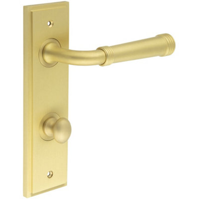 Satin Brass Door Handle with Backplate for Bathrooms - Turn & Release Mechanism - Solid Brass Interior Handle