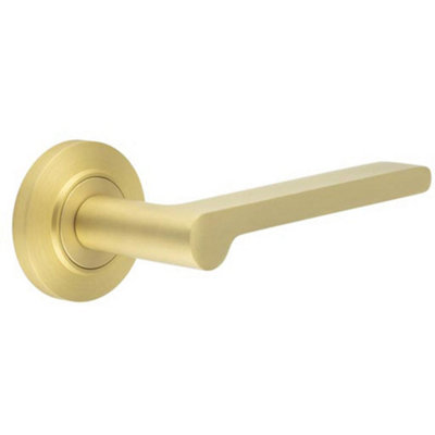 Satin Brass Door Handle with Chamfered Rose Design - Solid Brass Interior Handle