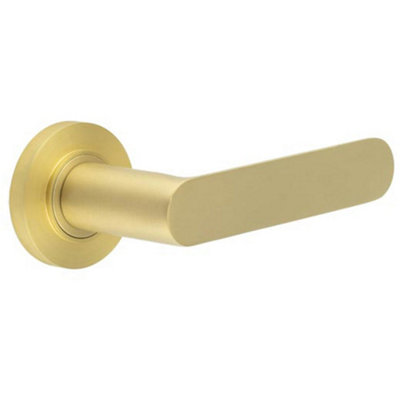 Satin Brass Door Handle with Plain Rose Design for Modern Interiors - Solid Brass Interior Handle