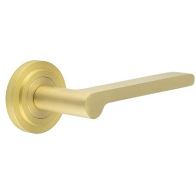 Satin Brass Door Handle with Stepped Rose Design for Elegant Interiors - Solid Brass Interior Handle