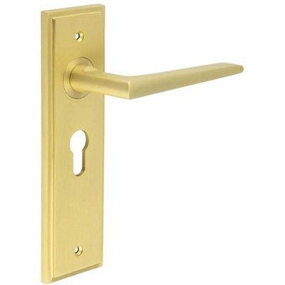Satin Brass Euro Lock Door Handle with Backplate - Elegant & Durable Design - Solid Brass Interior Handle