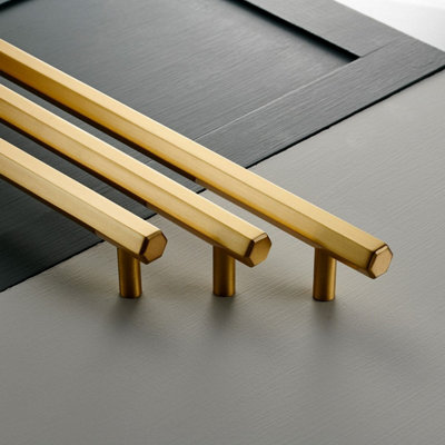 Satin Brass Hexagonal Cabinet T Bar Handle - Solid Brass - Hole Centre 384mm - SE Home