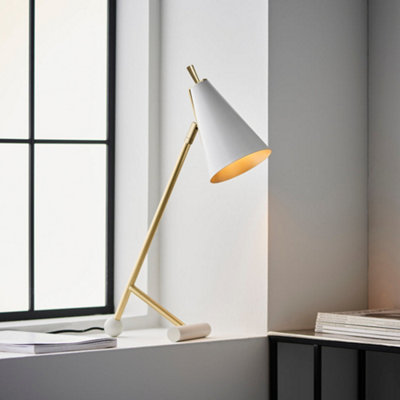 Satin Brass & Matt White Task Lamp - Modern Adjustable Table Desk Light
