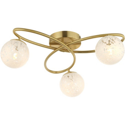 Satin Brass Semi Flush Low Ceiling Light - White Confetti Multi Arm Glass - 3 X 3W LED G9