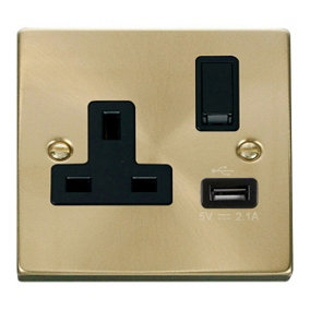 Satin / Brushed Brass 1 Gang 13A DP 1 USB Switched Plug Socket - Black Trim - SE Home