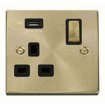 Satin / Brushed Brass 1 Gang 13A DP Ingot 1 USB Switched Plug Socket - Black Trim - SE Home Price Comparisons | Compare The Build