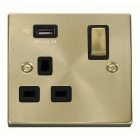 Satin / Brushed Brass 1 Gang 13A DP Ingot 1 USB Switched Plug Socket - Black Trim - SE Home
