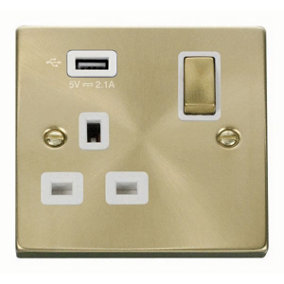 Satin / Brushed Brass 1 Gang 13A DP Ingot 1 USB Switched Plug Socket - White Trim - SE Home