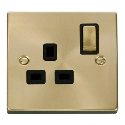 Satin / Brushed Brass 1 Gang 13A DP Ingot Switched Plug Socket Black