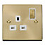 Satin / Brushed Brass 1 Gang 13A DP Ingot Switched Plug Socket - White Trim - SE Home