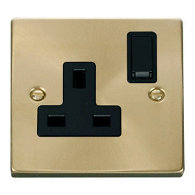 Satin / Brushed Brass 1 Gang 13A DP Switched Plug Socket - Black Trim - SE Home