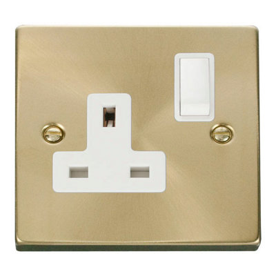 Satin / Brushed Brass 1 Gang 13A DP Switched Plug Socket - White Trim - SE Home