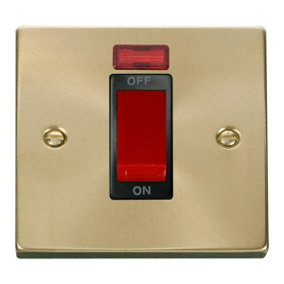 Satin / Brushed Brass 1 Gang Ingot Size 45A Switch With Neon - Black Trim - SE Home