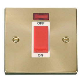 Satin / Brushed Brass 1 Gang Size 45A Switch With Neon - White Trim - SE Home