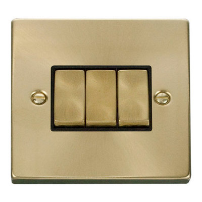 Satin / Brushed Brass 10A 3 Gang 2 Way Ingot Light Switch - Black Trim - SE Home