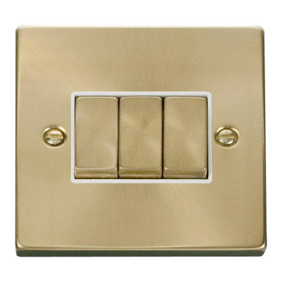 Satin / Brushed Brass 10A 3 Gang 2 Way Ingot Light Switch - White Trim - SE Home