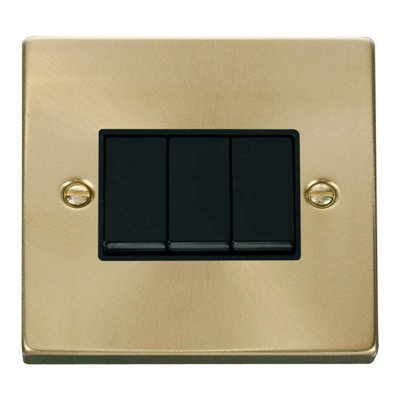 Satin / Brushed Brass 10A 3 Gang 2 Way Light Switch - Black Trim - SE Home