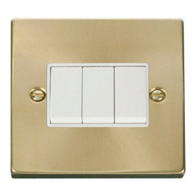 Satin / Brushed Brass 10A 3 Gang 2 Way Light Switch - White Trim - SE Home