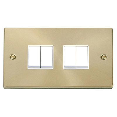 Satin / Brushed Brass 10A 4 Gang 2 Way Light Switch - White Trim - SE Home