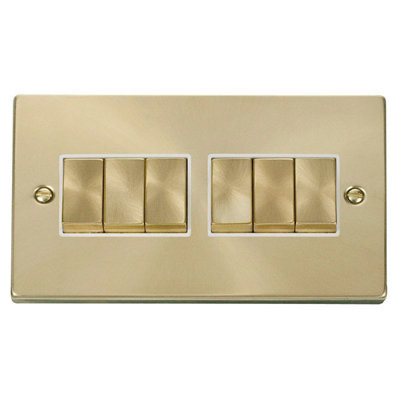 Satin / Brushed Brass 10A 6 Gang 2 Way Ingot Light Switch - White Trim - SE Home