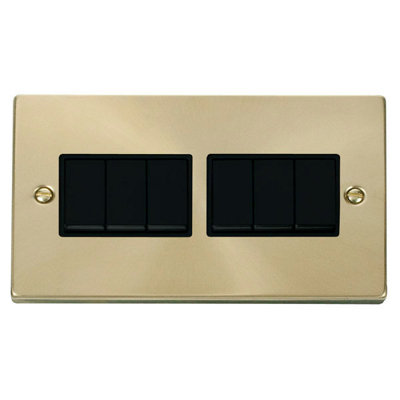 Satin / Brushed Brass 10A 6 Gang 2 Way Light Switch - Black Trim - SE Home