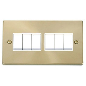 Satin / Brushed Brass 10A 6 Gang 2 Way Light Switch - White Trim - SE Home