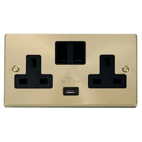 Satin / Brushed Brass 2 Gang 13A 1 USB Twin Double Switched Plug Socket - Black Trim - SE Home