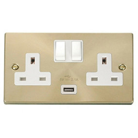 Satin / Brushed Brass 2 Gang 13A 1 USB Twin Double Switched Plug Socket - White Trim - SE Home