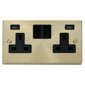 Satin / Brushed Brass 2 Gang 13A 2 USB Twin Double Switched Plug Socket - Black Trim - SE Home