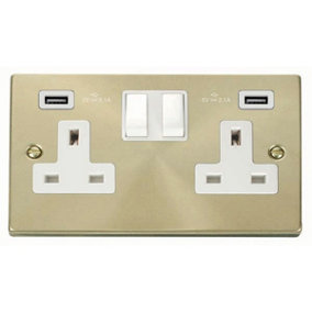Satin / Brushed Brass 2 Gang 13A 2 USB Twin Double Switched Plug Socket - White Trim - SE Home