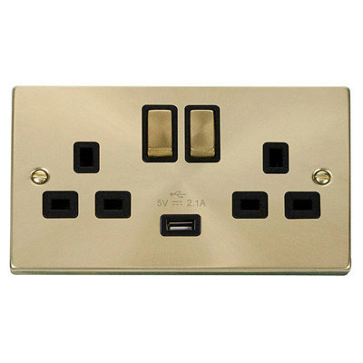 Satin / Brushed Brass 2 Gang 13A DP Ingot 1 USB Twin Double Switched Plug Socket - Black Trim - SE Home Price Comparisons | Compare The Build