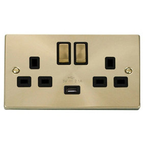 Satin / Brushed Brass 2 Gang 13A DP Ingot 1 USB Twin Double Switched Plug Socket - Black Trim - SE Home